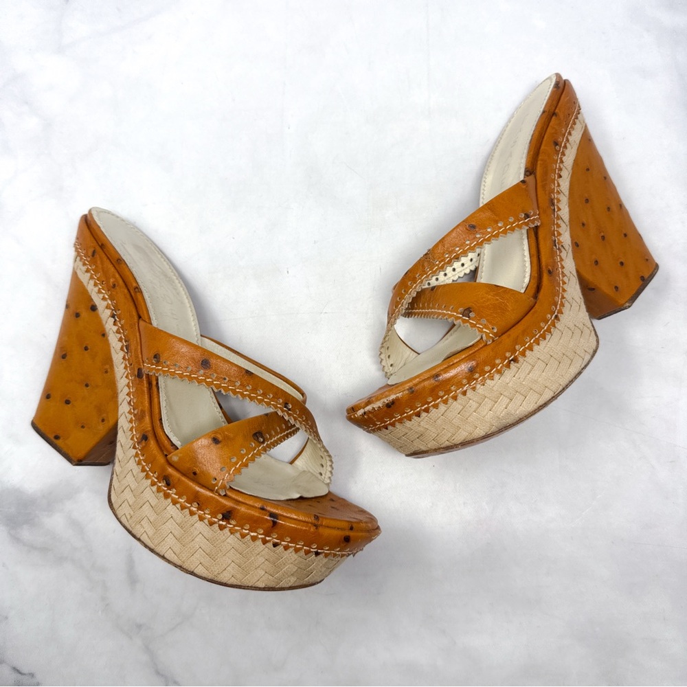 CASADEI Vintage Y2K Ostrich Leather Chunky Platform Wedge Sandal Heels Brown 7 - Picture 2 of 12